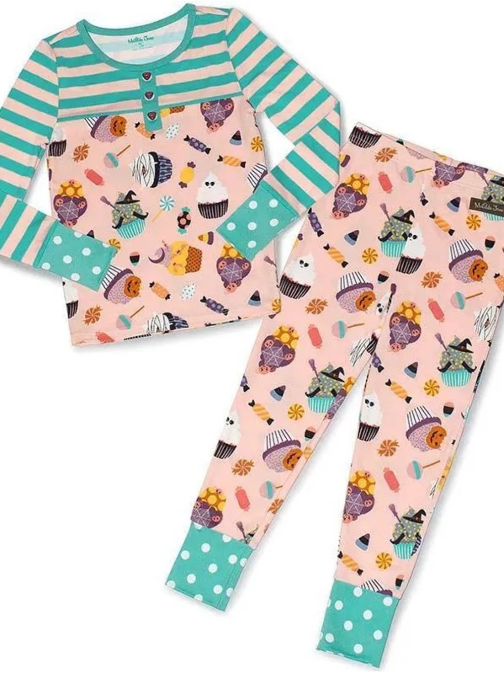 Matilda Jane Halloween Pink and Aqua Cupcake Candy Stripe Pajama Set Sz 14 NWT